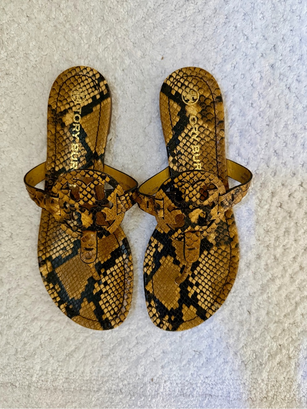 Tory Burch Snake-Stamped Miller Sandals in Tan and Black